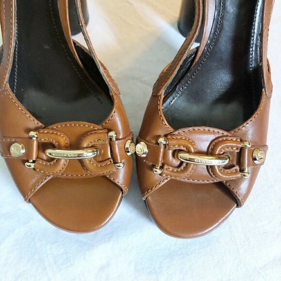 BURBERRY Women’s Sz 39 US 8.5 Carmel Brown Equestrian Style Sling Back Heels - Picture 5 of 12